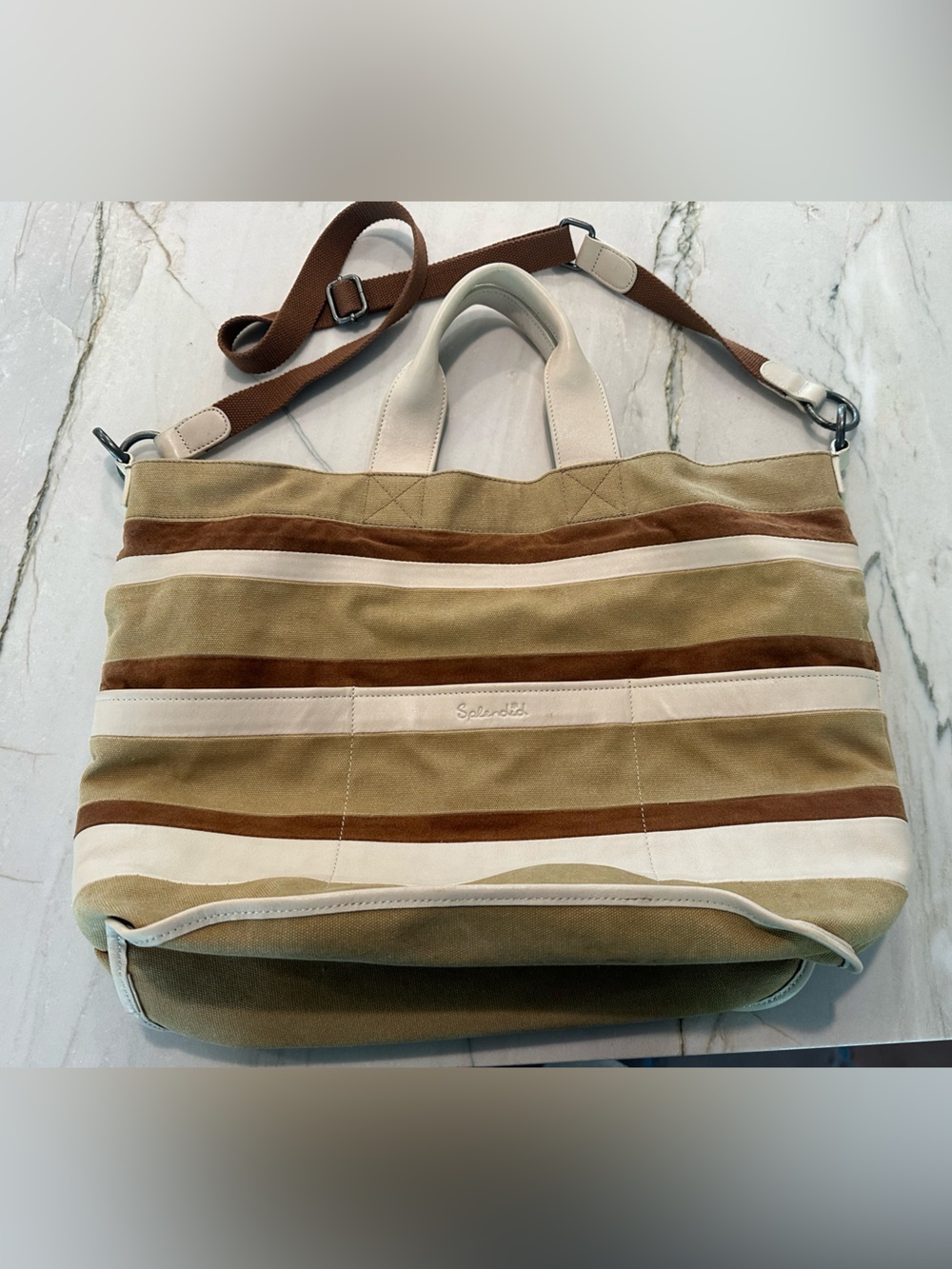 Splendid Striped Canvas/Leather Tote Bag in Tan, Brown & Cream